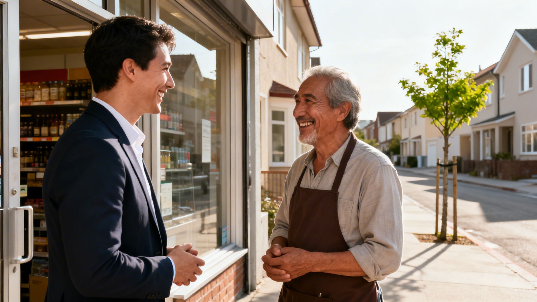 To mænd, en ung i jakkesæt og en ældre i forklæde, smiler og taler udenfor en butik på en solskinsdag.