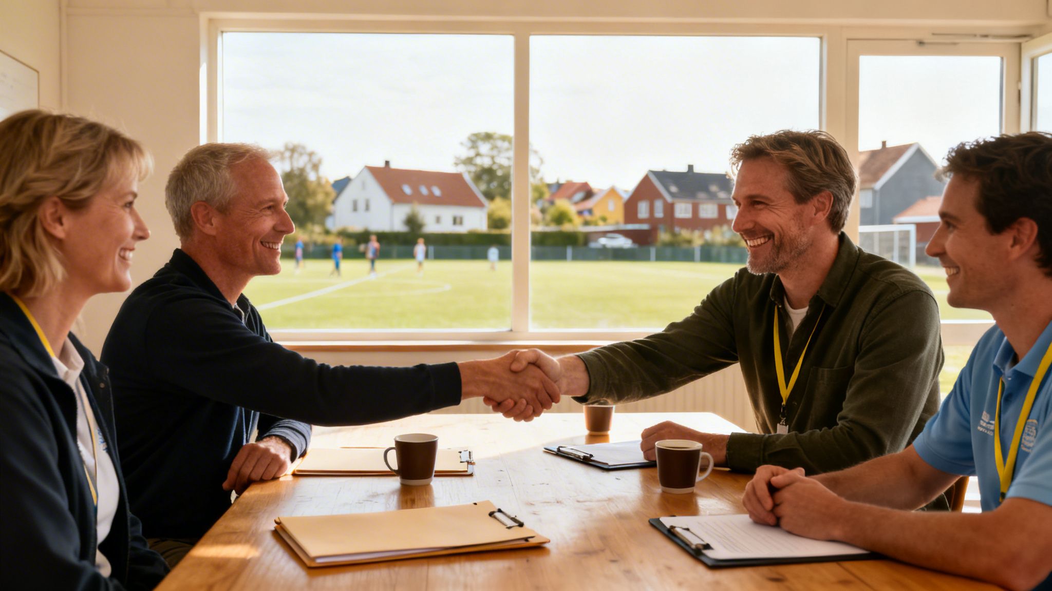 Fire mennesker smiler og giver håndtryk ved et bord med en fodboldbane udenfor, der symboliserer et nyt sponsorat.