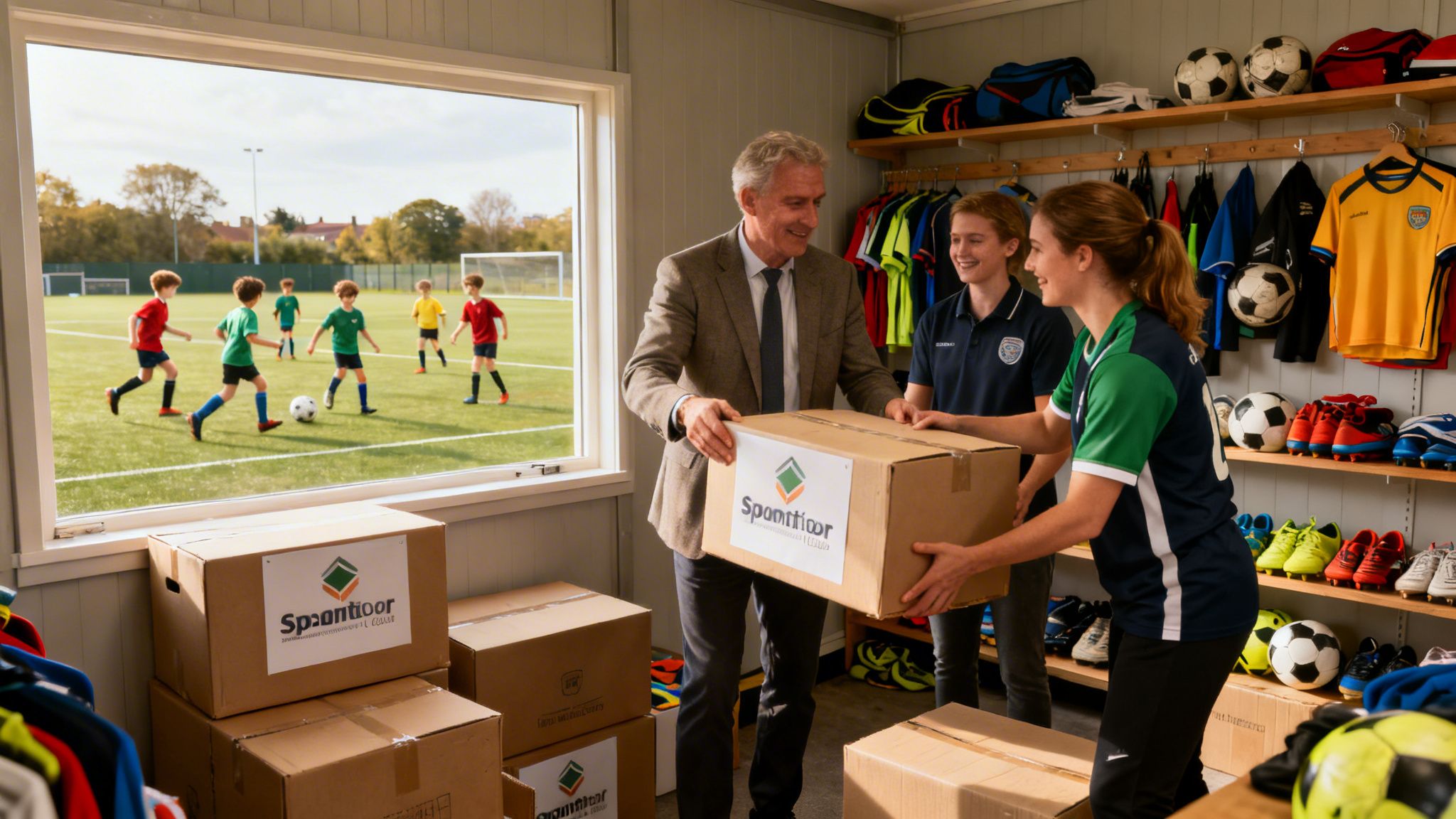 En mand og to unge overdrager sponsorkasser med fodboldudstyr til en klub, mens børn spiller fodbold udenfor.