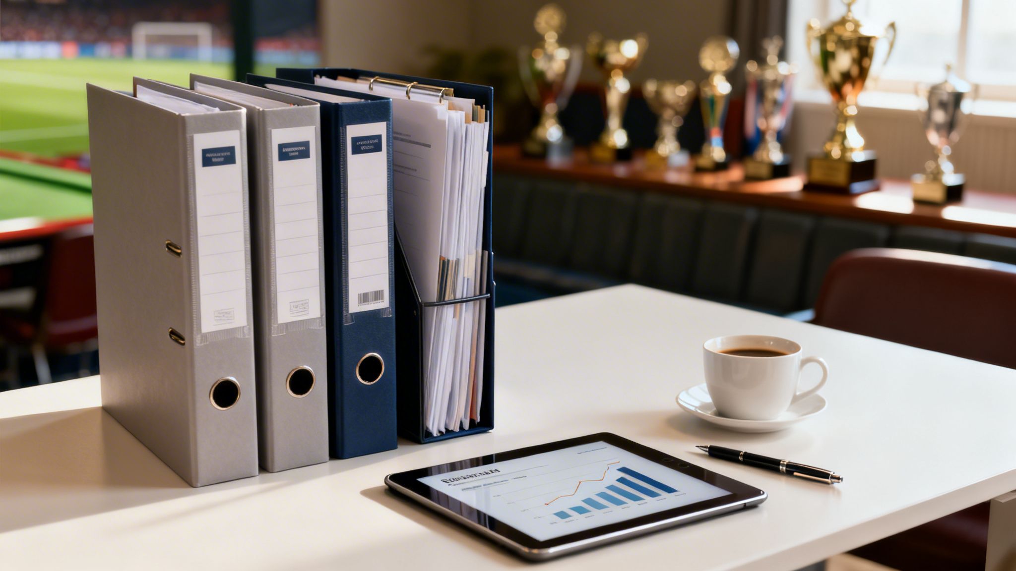 Et skrivebord med ringbind, en tablet der viser grafer, kaffe og pokaler i baggrunden.