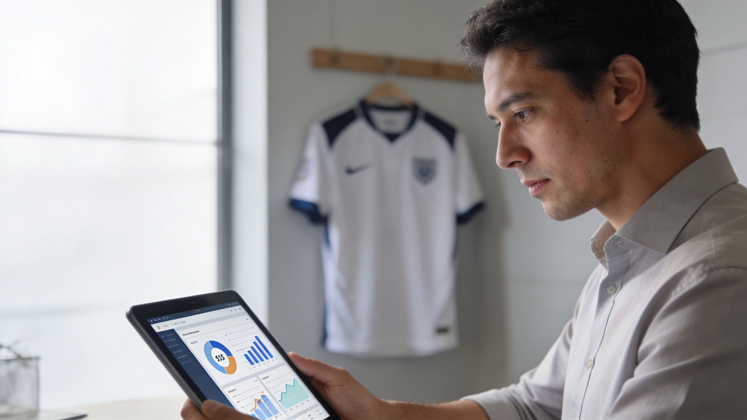 En forretningsmand, der undersøger sportsmarkedsføring og sponsoratdata på sin tablet i et moderne kontor med trøje.