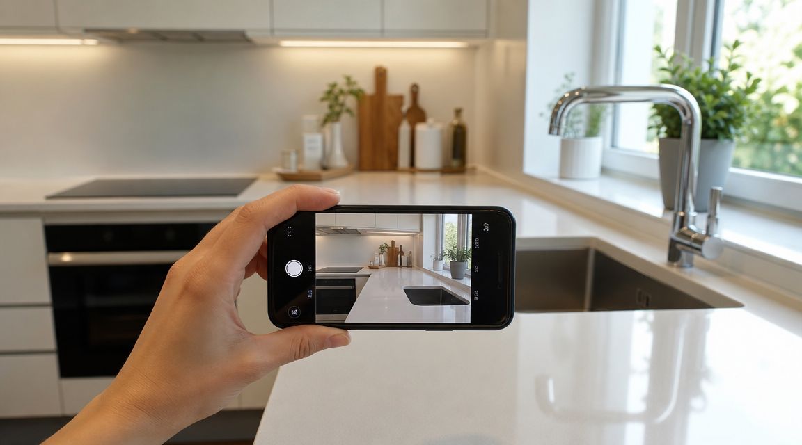 En hånd holder en smartphone, der tager et billede af et moderne, rent hvidt køkken med køkkenbord.