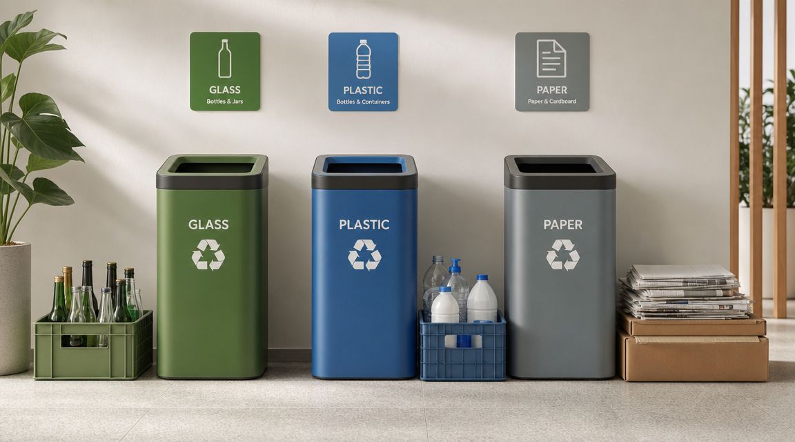 Tre farvekodede affaldsspande til kildesortering af glas, plast og papir opstillet ved en lys væg.