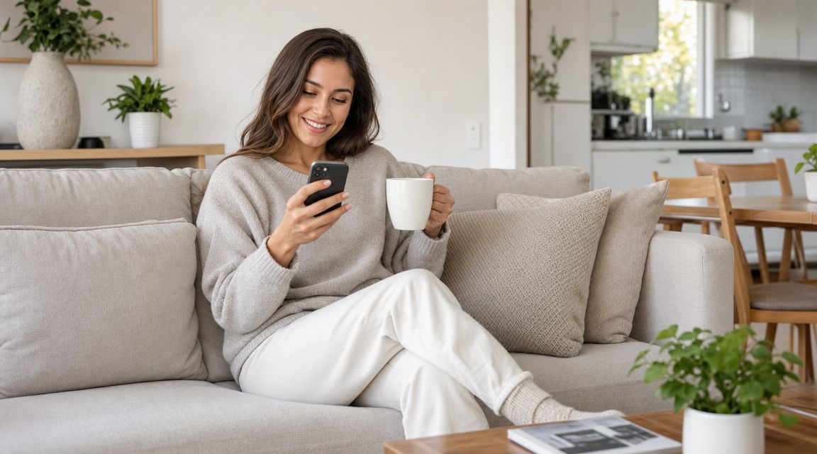 En smilende kvinde sidder afslappet i sofaen med en kop kaffe og kigger på sin smartphone.