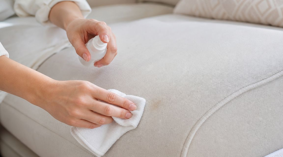 En person renser en plet på en lys sofa ved hjælp af en sprayflaske og en klud