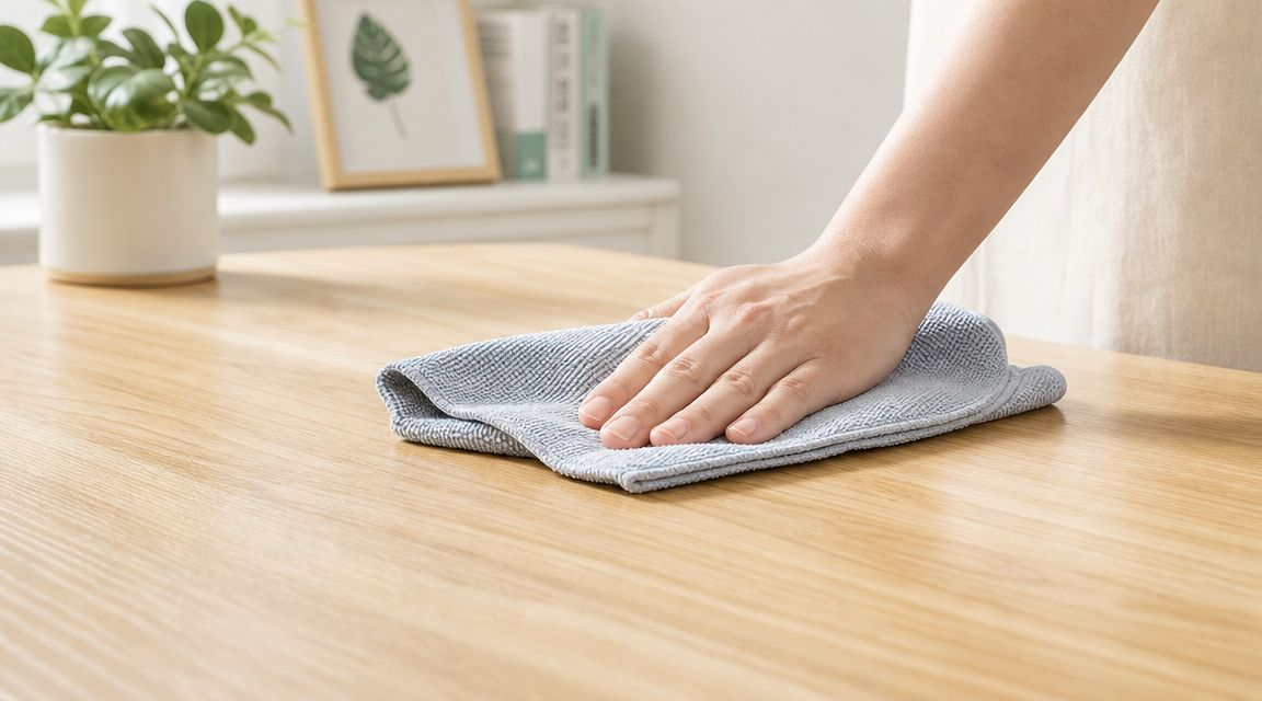 En person, der tørrer et lyst træbord af med en grå mikrofiberklud i et moderne hjem.