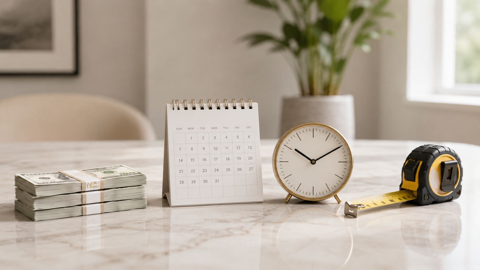 Et skrivebord med penge, en kalender, et ur og et målebånd, der symboliserer planlægning og budgettering af rengøring.