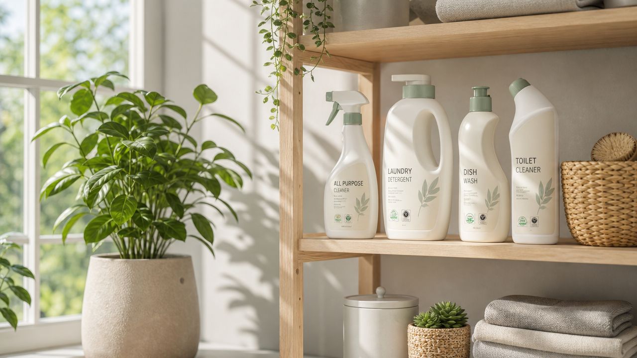 Miljøvenlige rengøringsmidler på en træhylde ved siden af en grøn plante i et lyst og moderne rum.