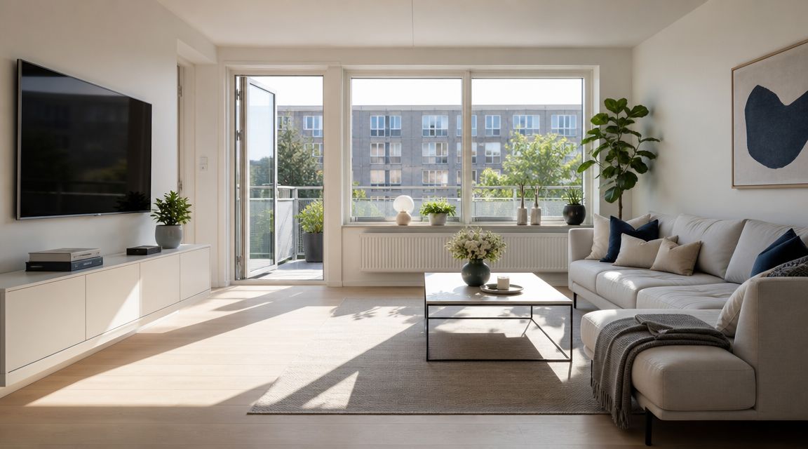 Lys og moderne stue i Hvidovre med hvid sofa, stort tv, planter og udgang til altan.