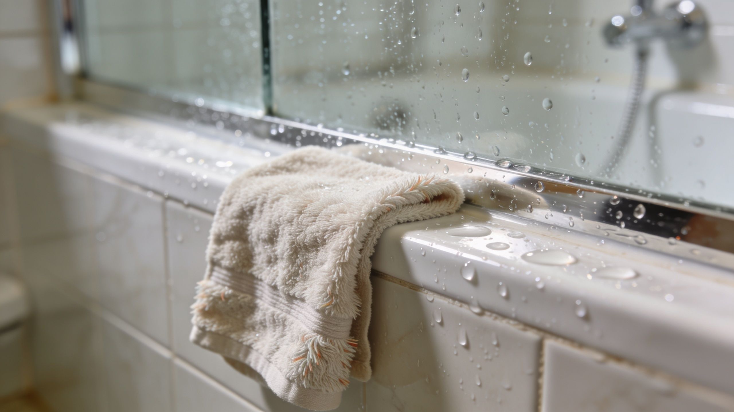 Et vådt håndklæde ligger på kanten af et badekar med glasvæg i et fugtigt badeværelse.