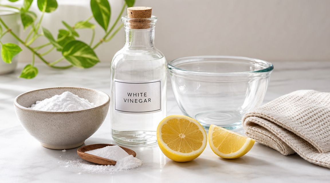 Naturlige rengøringsmidler som eddike, bagepulver og citron til effektiv og miljøvenlig rengøring af møbler i hjemmet.