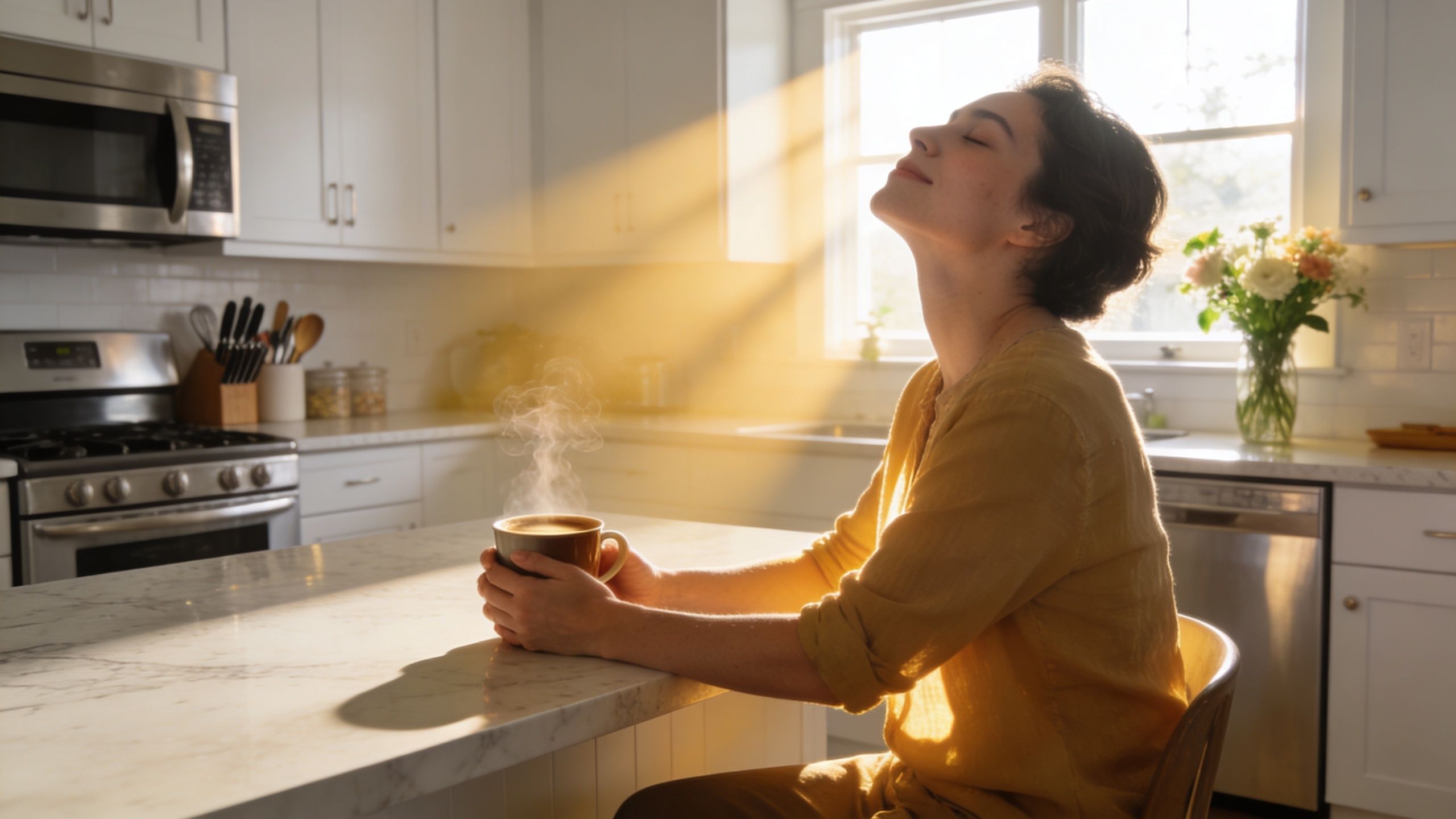 En kvinde nyder en varm kop kaffe i et lyst, solrigt køkken med moderne hvide køkkenskabe.