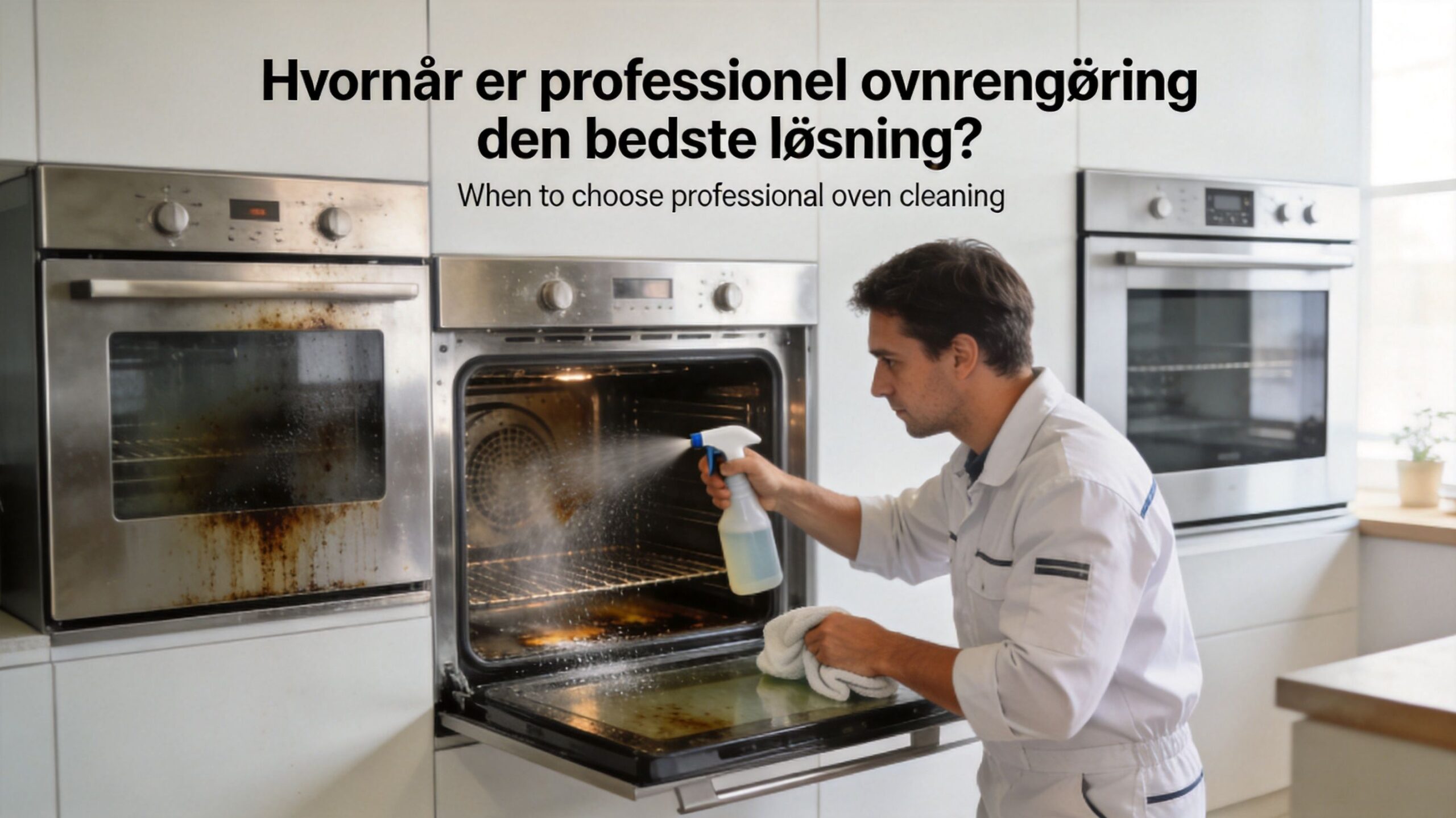 En professionel rengøringstekniker sprøjter rensemiddel ind i en beskidt ovn i et moderne køkkenmiljø.
