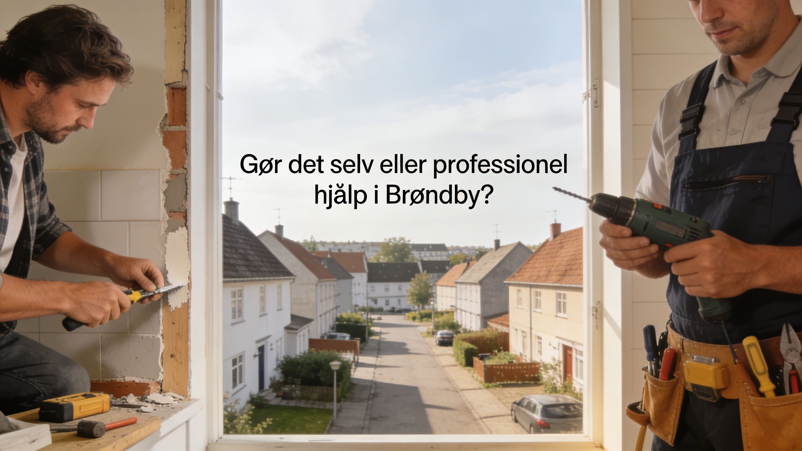 To håndværkere arbejder på en renoveringsopgave i et hjem med udsigt over en villavej i Brøndby.