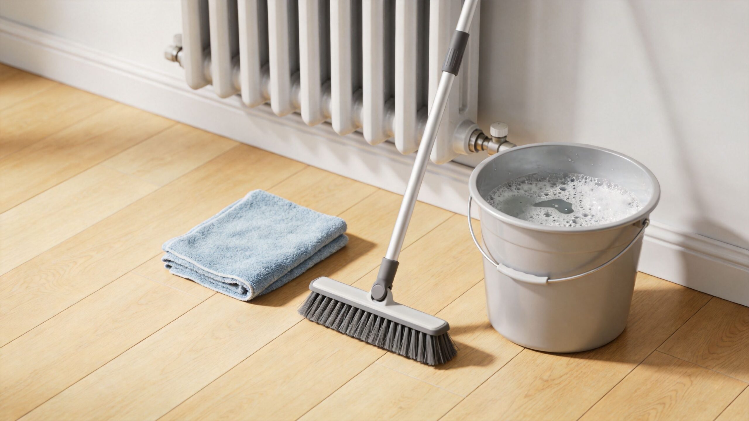 En spand med sæbevand, en kost og et blåt håndklæde placeret på et trægulv foran en radiator.