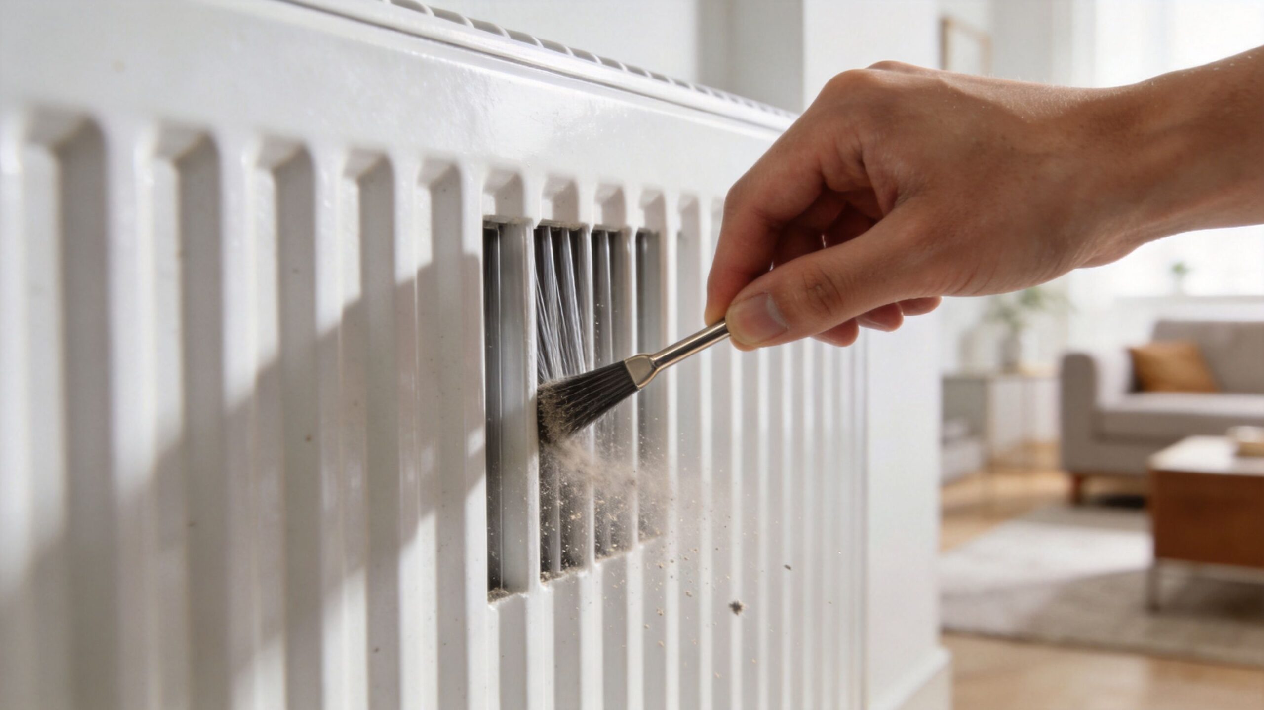 En hånd bruger en lille børste til grundig rengøring af støv inde i en hvid radiatorlamel.
