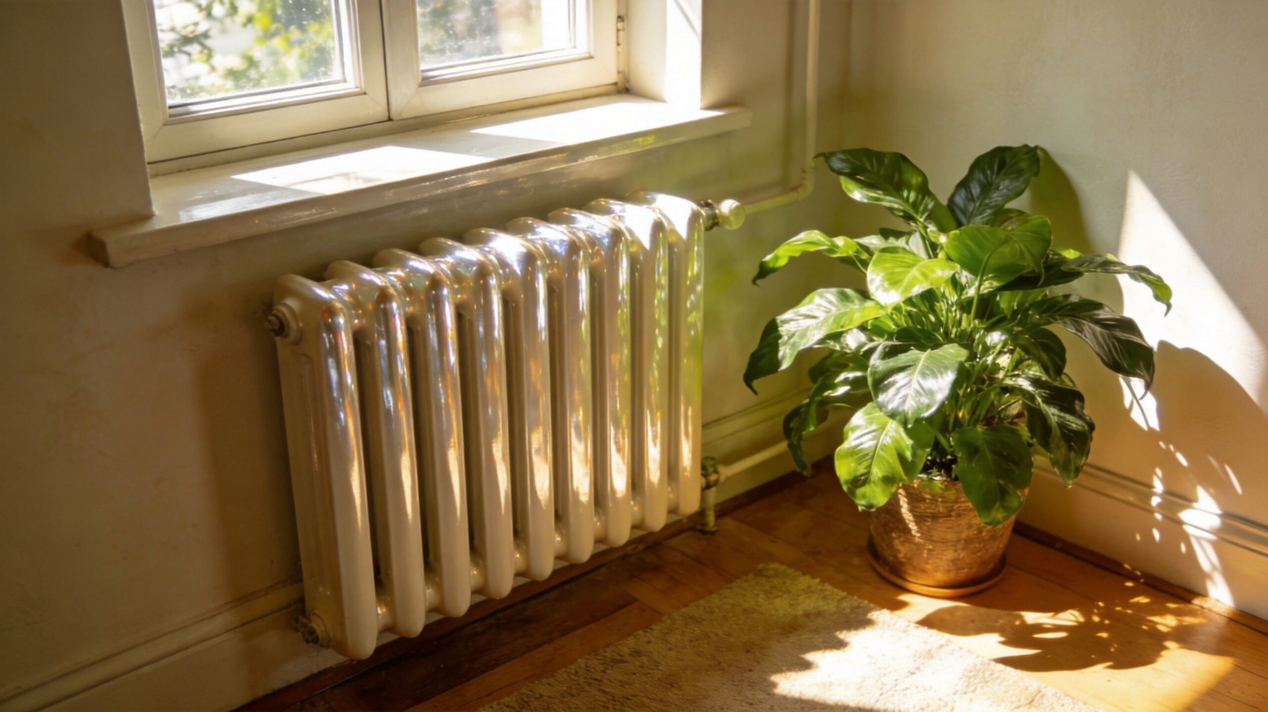En blank, hvid radiator ved et solrigt vindue med en grøn stueplante i et hjørne.