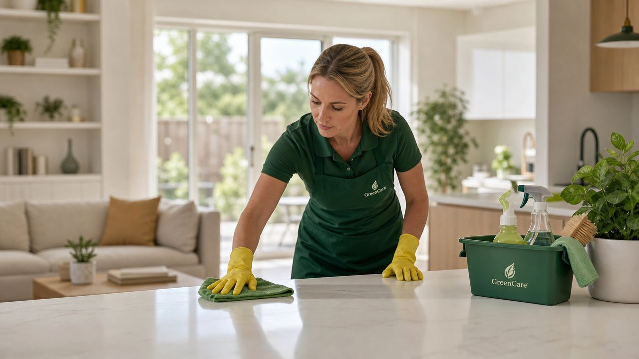 En professionel rengøringshjælper fra GreenCare tørrer et køkkenbord af med en miljøvenlig klud i et lyst køkken.