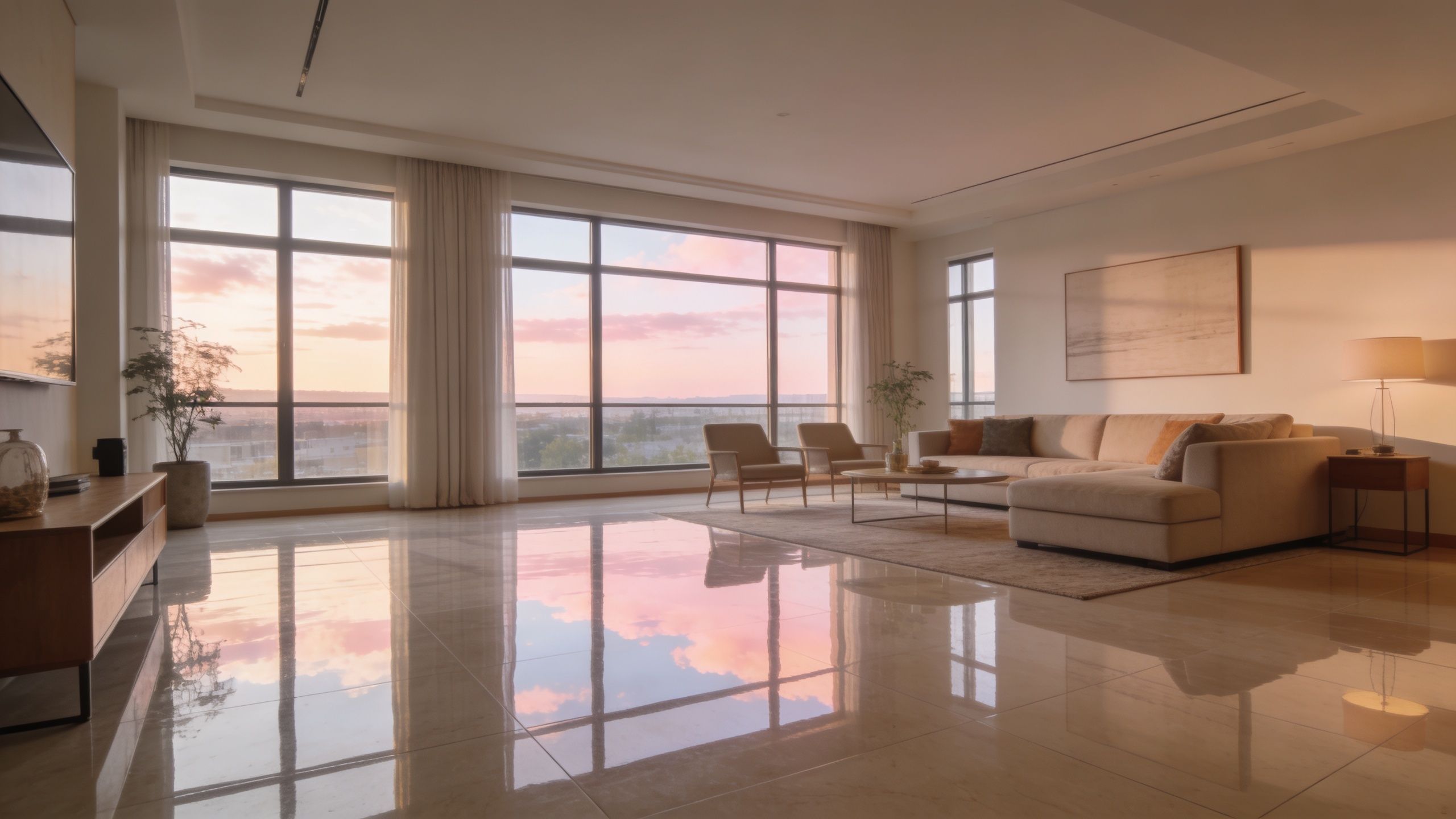 En moderne stue med store gulv-til-loft vinduer, der reflekterer en smuk solnedgang i det skinnende gulv.
