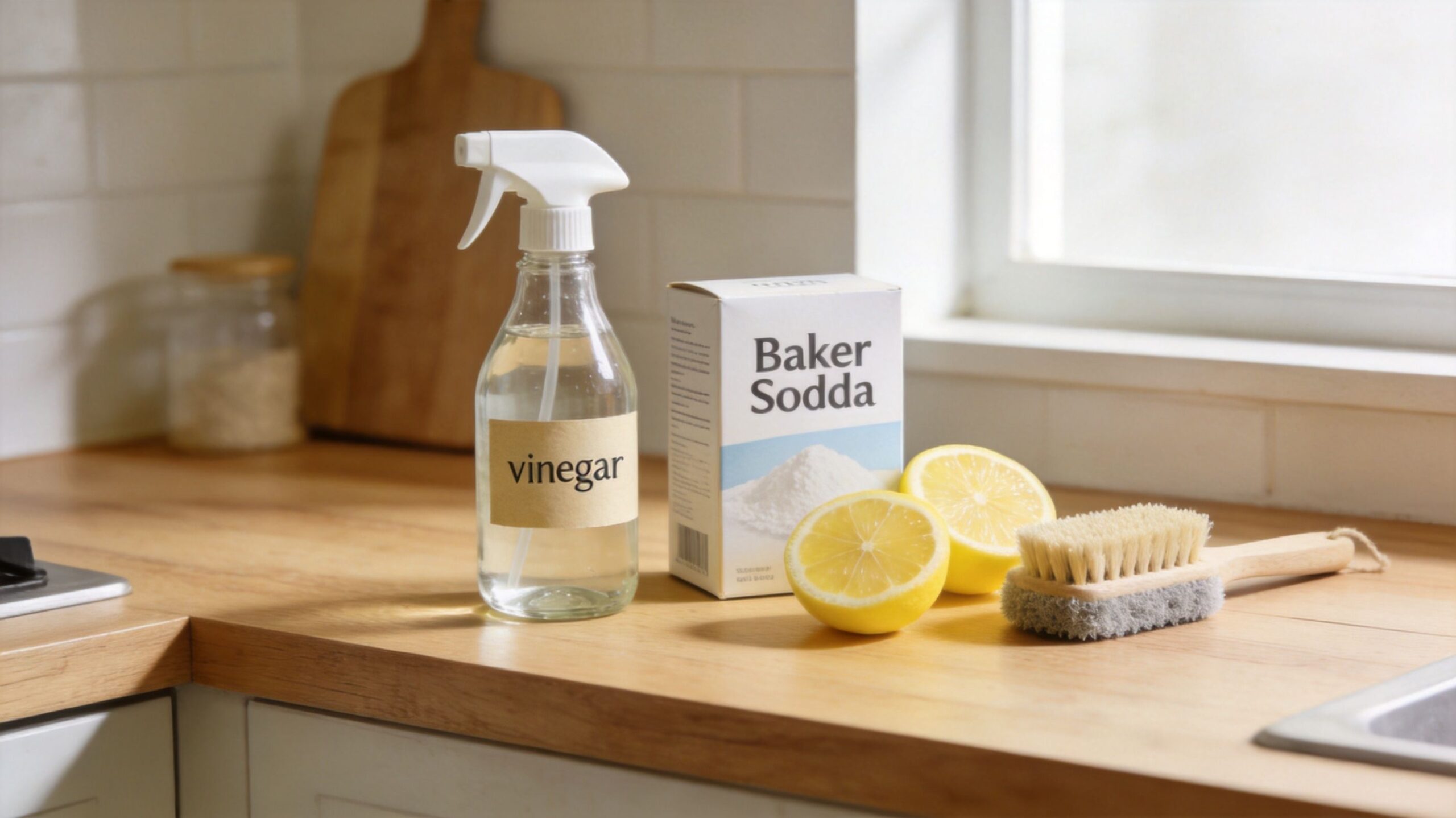 Naturlige rengøringsmidler med eddike, bagepulver, citron og en børste placeret på en køkkenbordplade til rengøring.