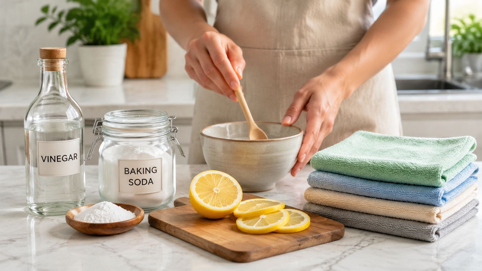 En person forbereder miljøvenlig rengøring med eddike, natron og citron på et køkkenbord med mikrofiberklude.