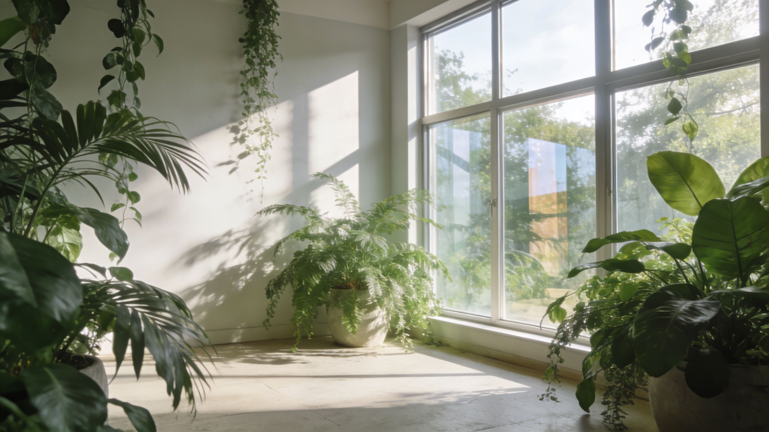Et lyst og fredeligt rum med mange grønne planter ved et stort vindue med naturligt dagslys.