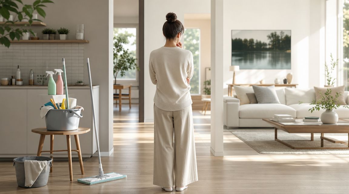 En kvinde står i et lyst hjem med rengøringsudstyr, mens hun forbereder sig på en grundig rengøring.