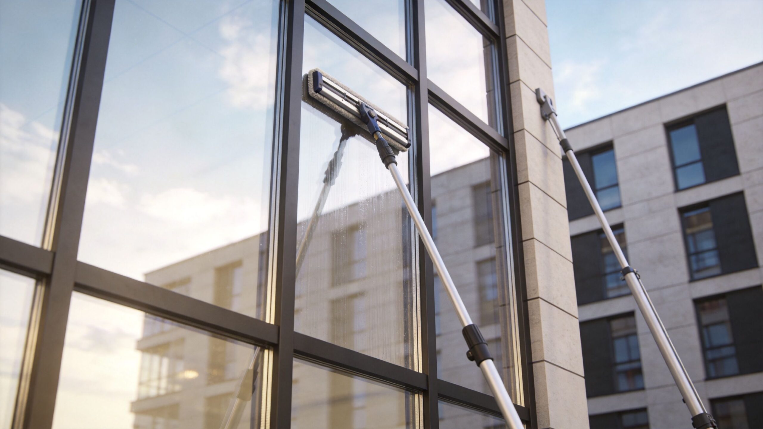 En professionel vinduespudser vasker store glasfacader på en moderne bygning med en lang teleskopstang og børste.