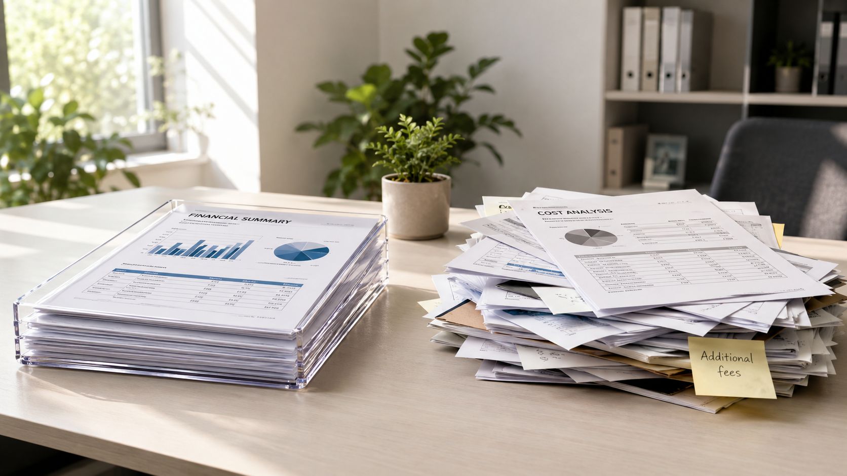 Et skrivebord med en stak finansielle dokumenter, en rapport og en potteplante i et lyst kontormiljø.