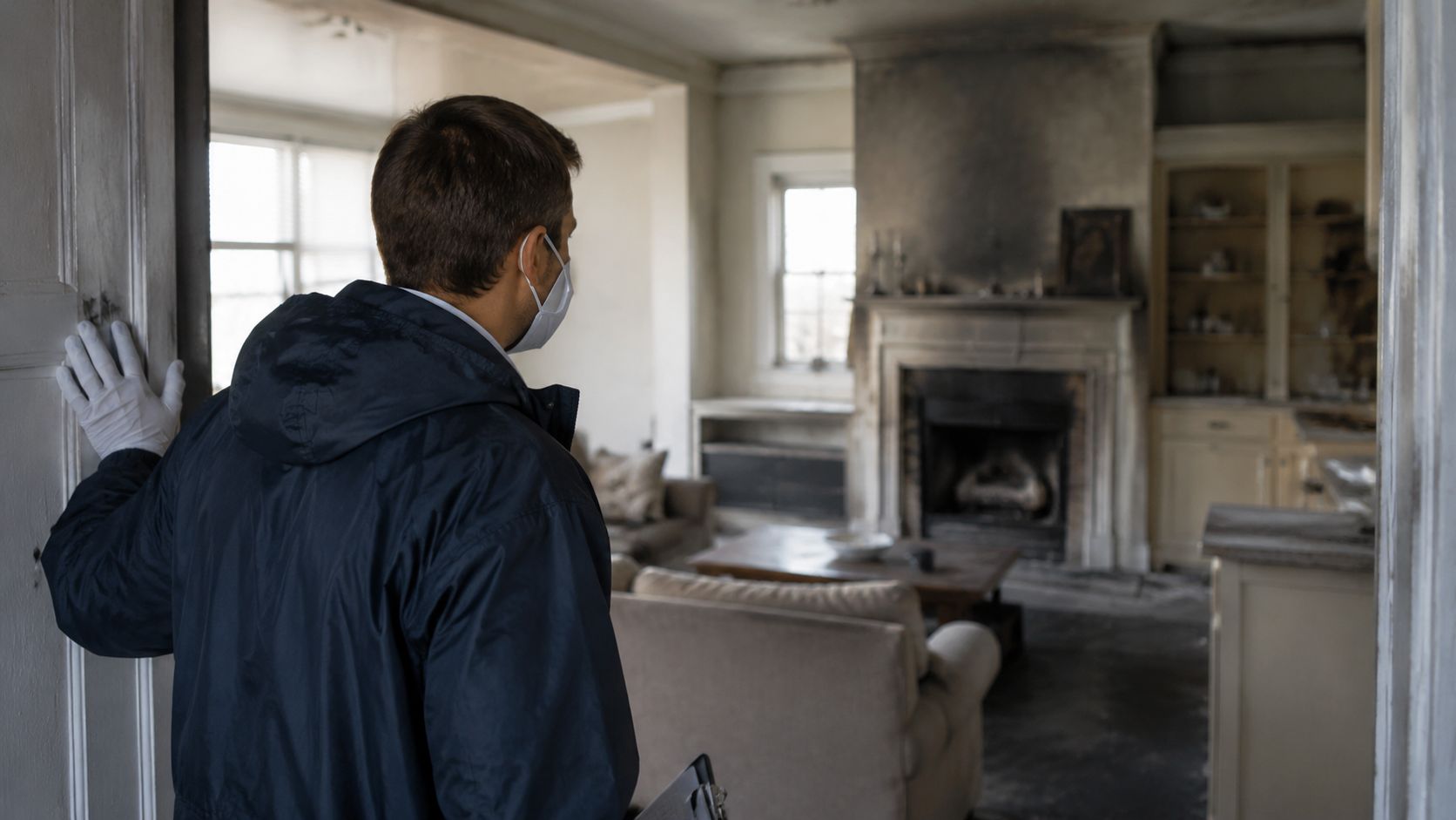 En mand iført beskyttelsesdragt og maske inspicerer et stueareal efter en alvorlig brandskade i et hjem.