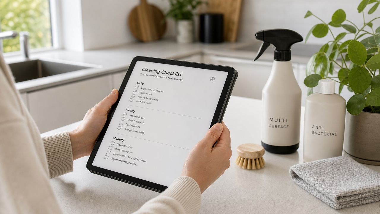 Person holder en tablet med en rengørings tjekliste i et moderne køkken med rengøringsmidler på bordet.