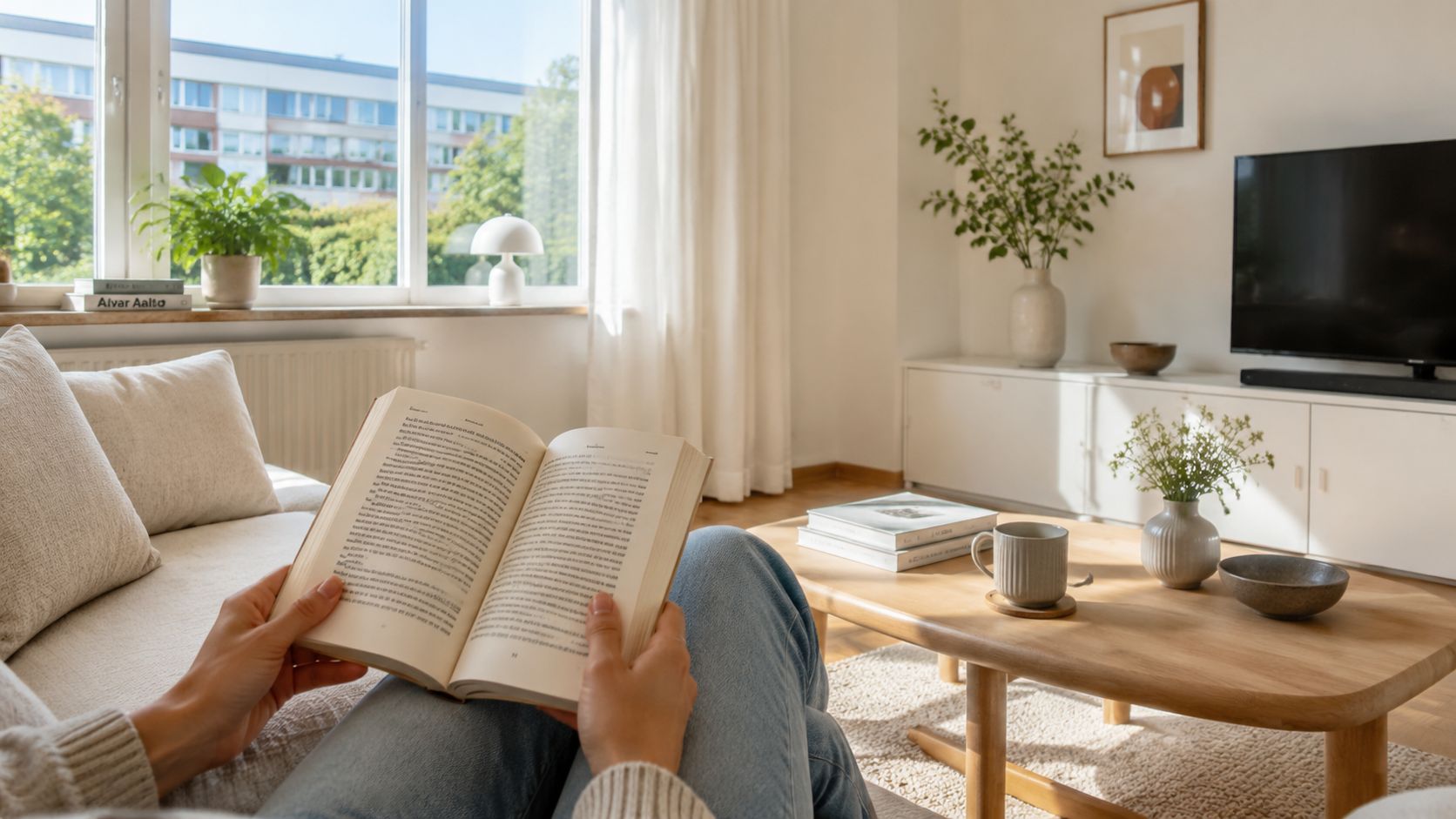En person læser en bog i en hyggelig stue med naturligt lys og moderne skandinavisk indretning.