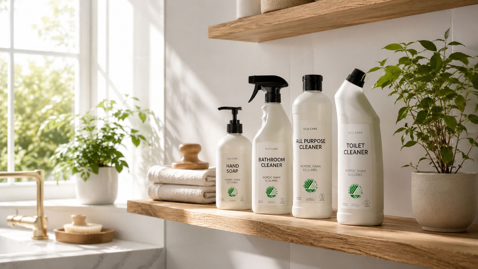 Miljøvenlige rengøringsmidler fra Eco Care opstillet på en træhylde i et lyst og moderne badeværelse.