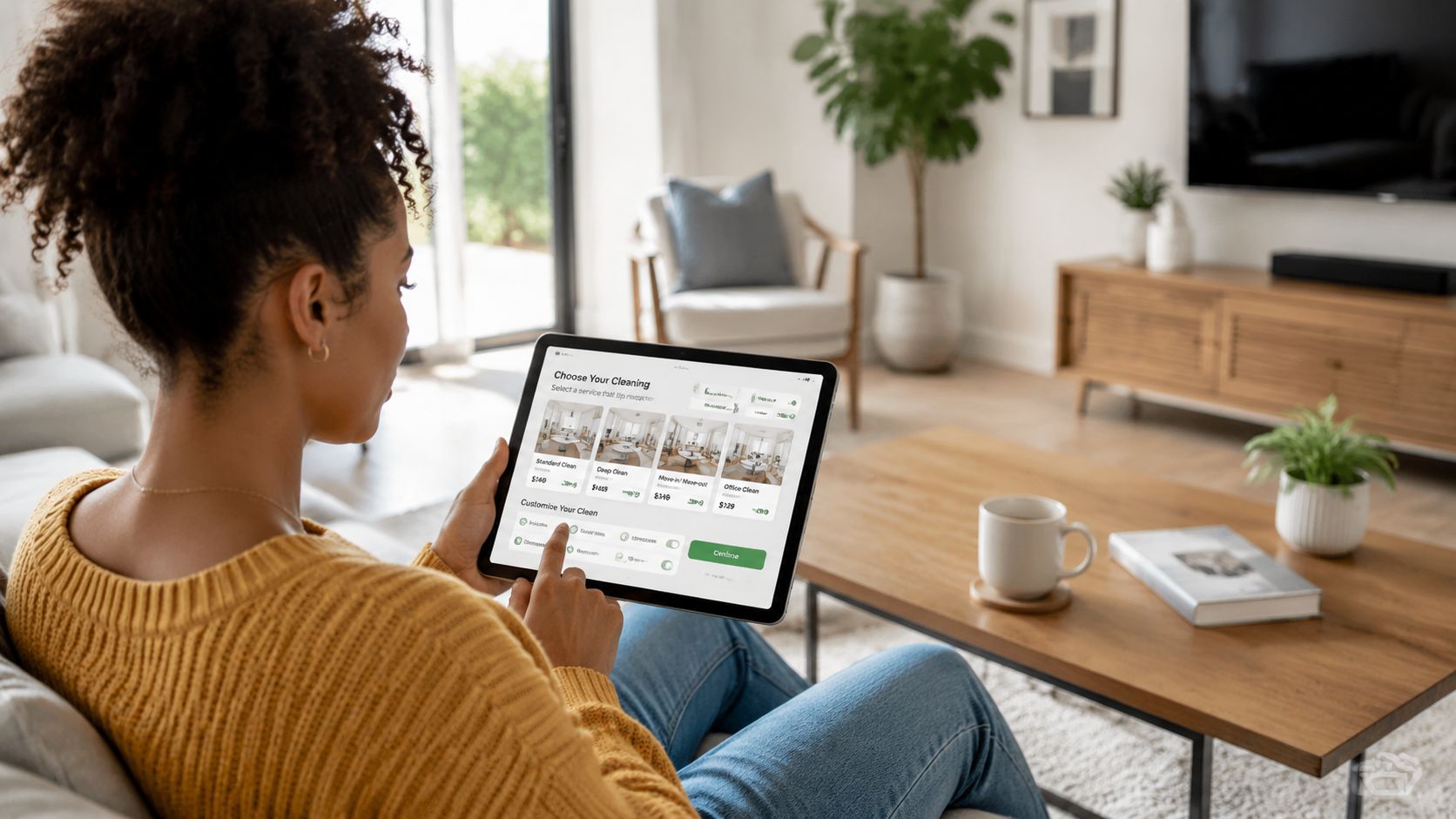 En person bruger en tablet til at bestille rengøringstjenester i en hyggelig stue.