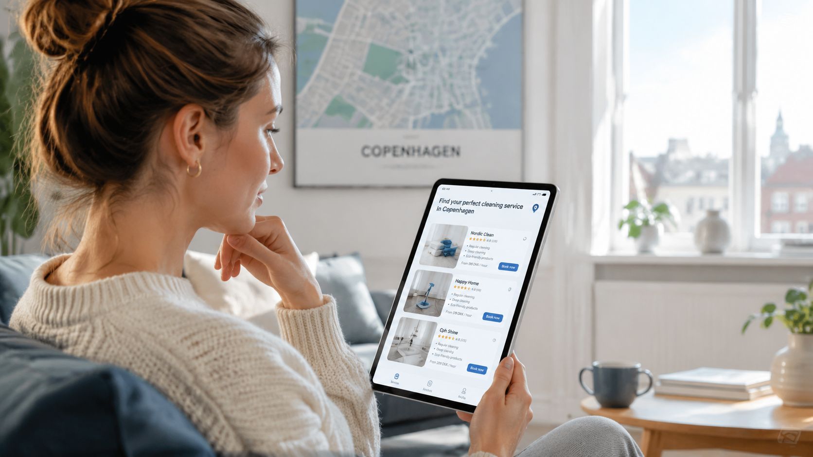 En kvinde sidder i en sofa og bruger sin tablet til at finde rengøringshjælp i København online.
