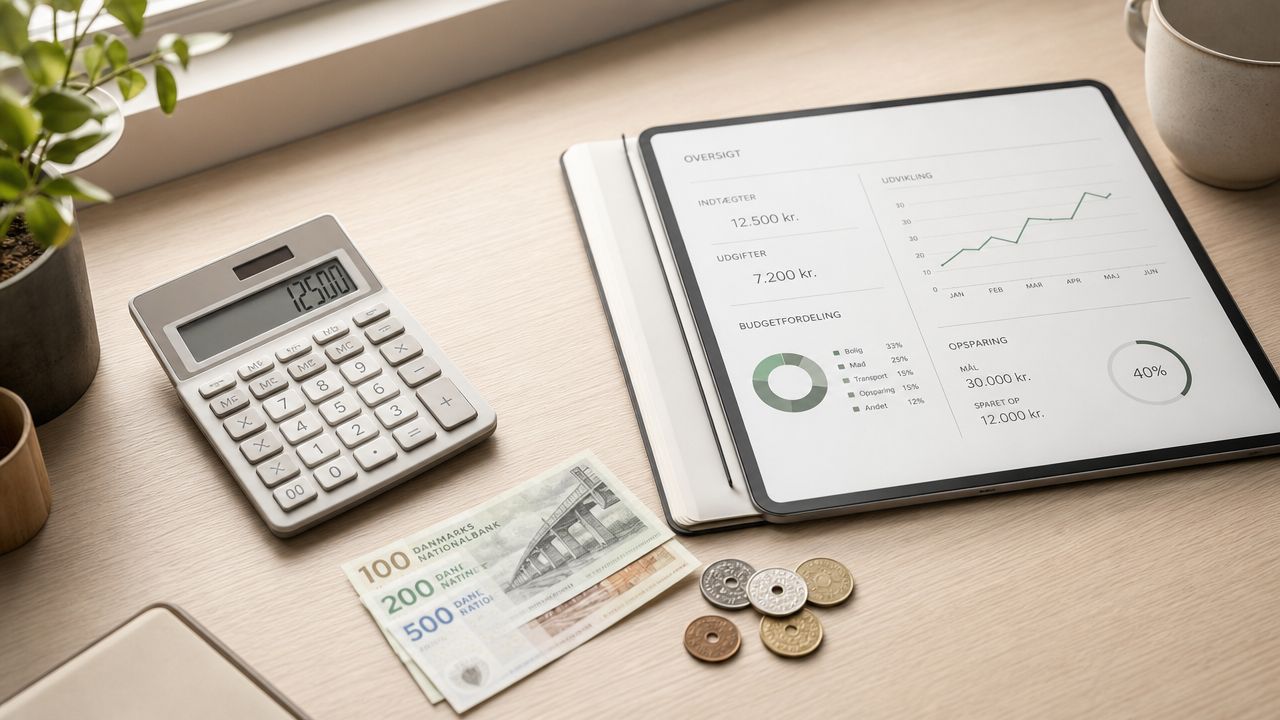 En tablet med økonomisk overblik, en lommeregner, kontanter og mønter placeret på et skrivebord.
