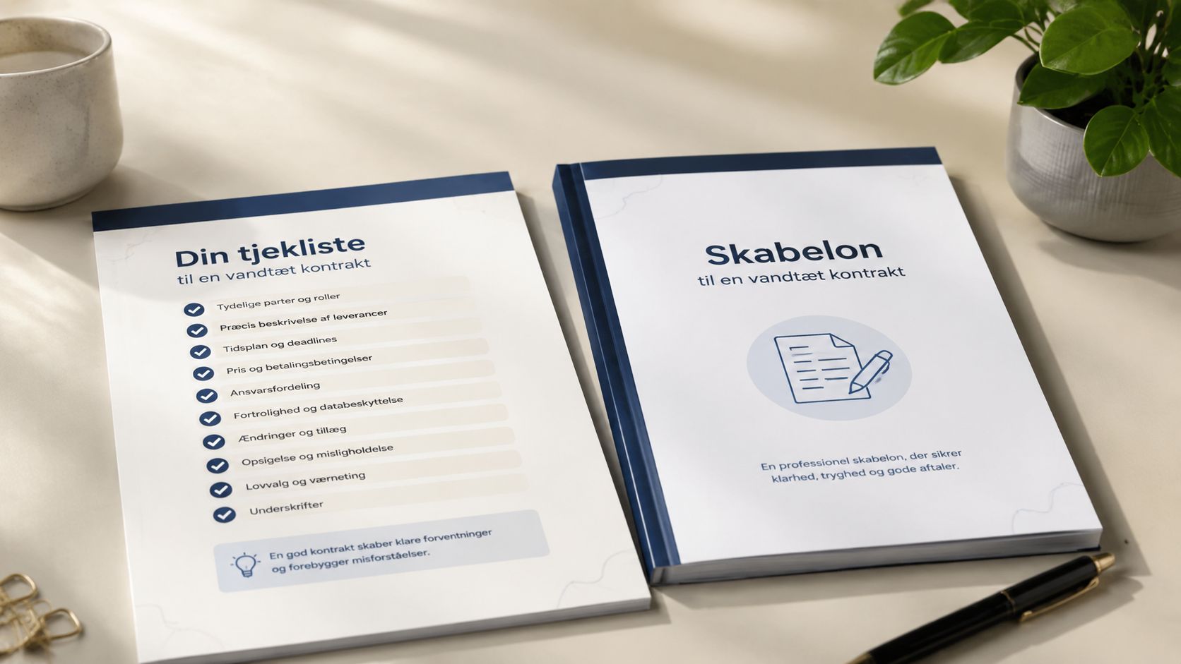 Tjekliste og skabelon til en vandtæt kontrakt placeret på et skrivebord med en pen og plante.