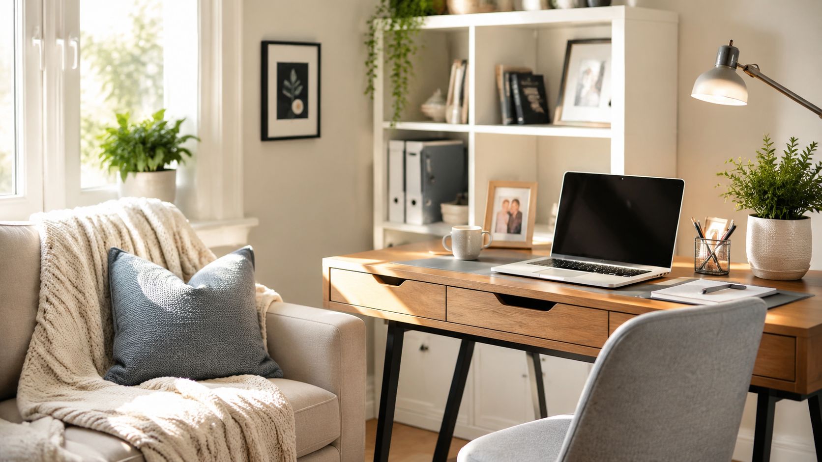 Et lyst og indbydende hjemmekontor med en bærbar computer, grønne planter og en hyggelig lænestol ved vinduet.