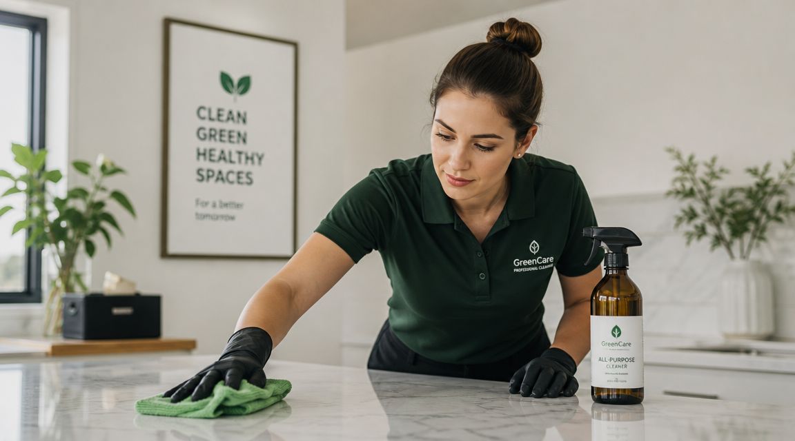 En professionel rengøringsmedarbejder fra GreenCare tørrer en køkkenbordplade af med en grøn klud i et lyst køkken.