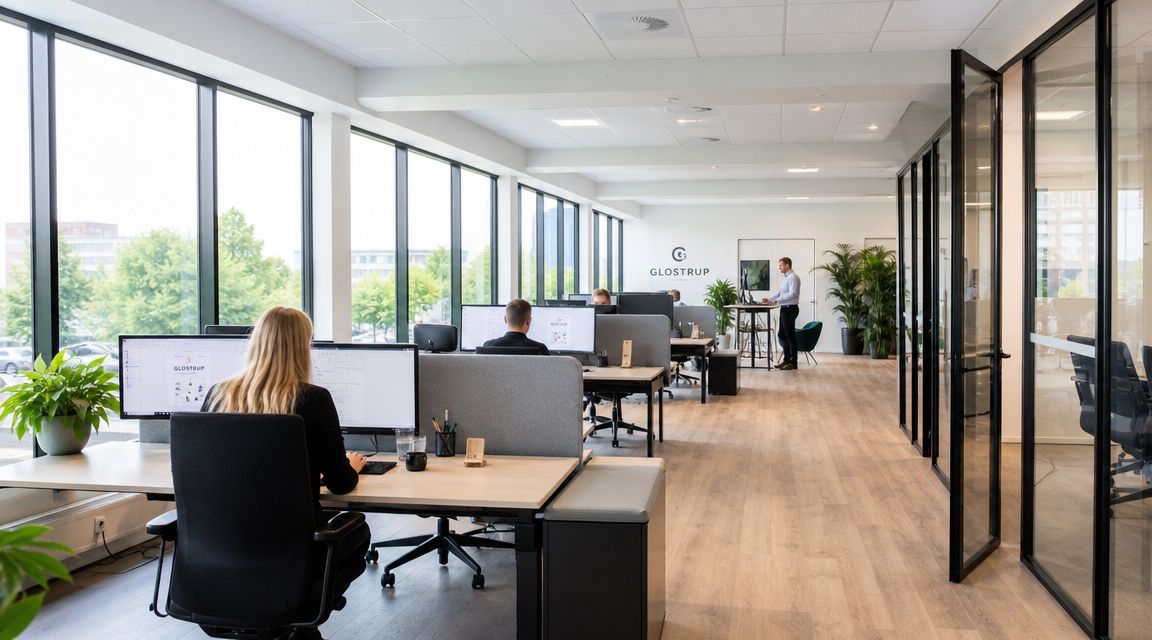 Et moderne kontorlandskab med ansatte, der arbejder ved deres skriveborde i lyse og professionelle omgivelser i Glostrup.