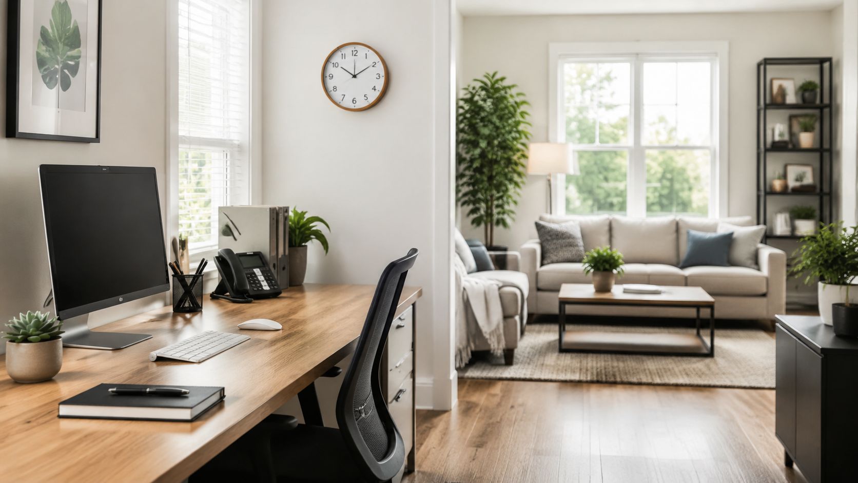 Et moderne, lyst hjemmekontor med en computer og en hyggelig stue i baggrunden i åben planløsning.