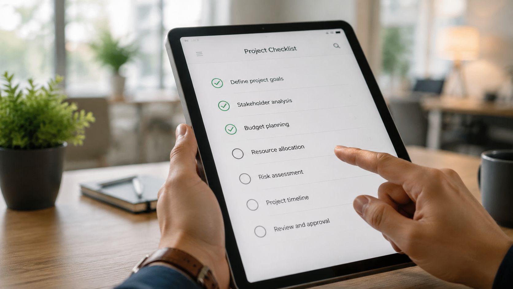 Person der bruger en tablet til at tjekke en opgaveliste for et projekt på et kontor.