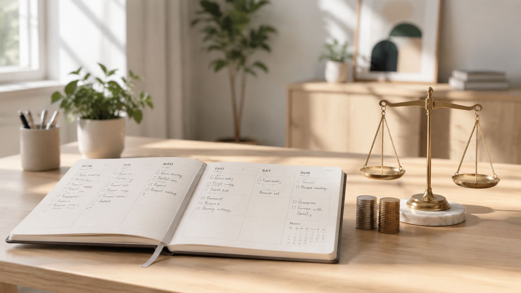 Et skrivebord med en planlægningskalender, en vægt, mønter og en potteplante i et lyst og organiseret kontor.