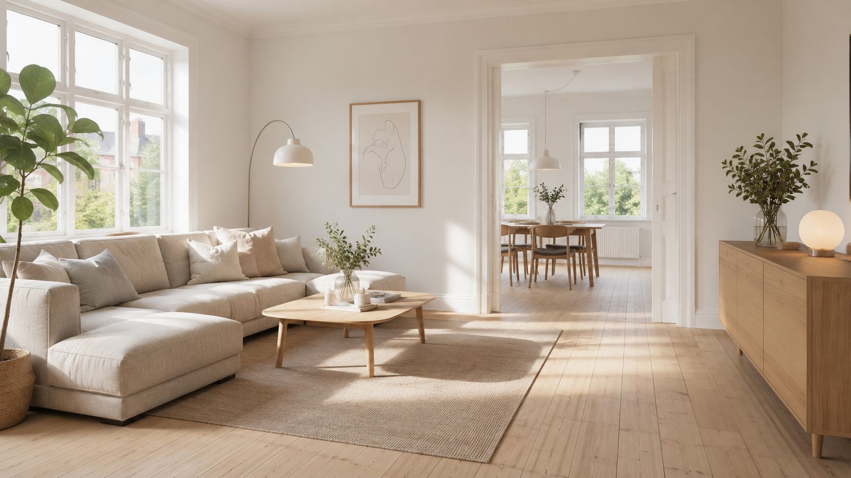 En lys og moderne stue med beige sofa, sofabord og trægulve i en skandinavisk indretningsstil.