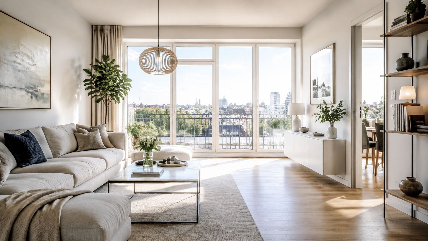 En lys og moderne stue med en beige sofa, et glasbord og en udsigt over byens tage.
