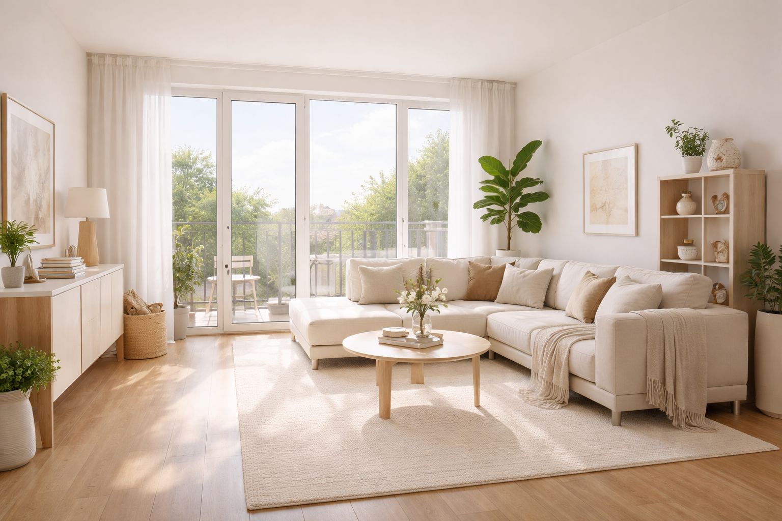 En lys og moderne stue med en beige hjørnesofa, sofabord og store vinduespartier med udsigt til altan.