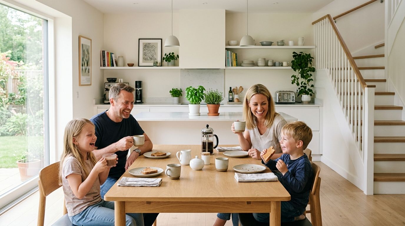 En glad familie på fire spiser morgenmad og griner sammen ved et træbord i deres lyse køkken.