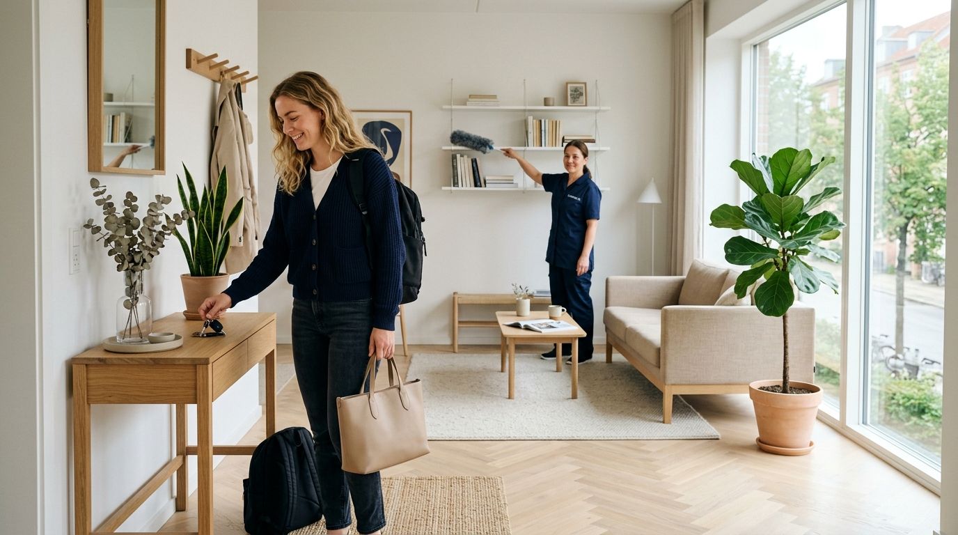En smilende kvinde forlader sit hjem, mens en professionel rengøringsassistent støver hylderne af i stuen.