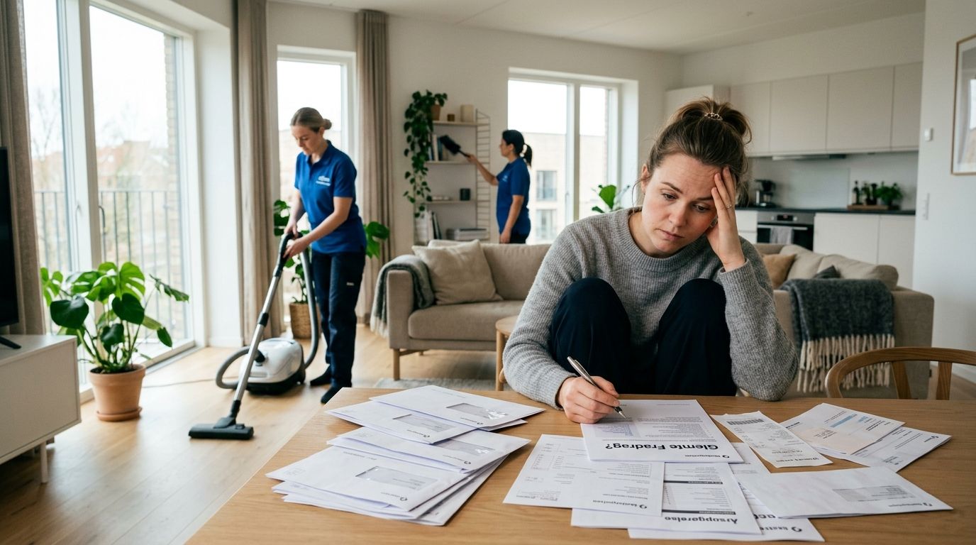 En stresset kvinde sidder ved et bord med papirer, mens rengøringshjælp gør rent i baggrunden af stuen.