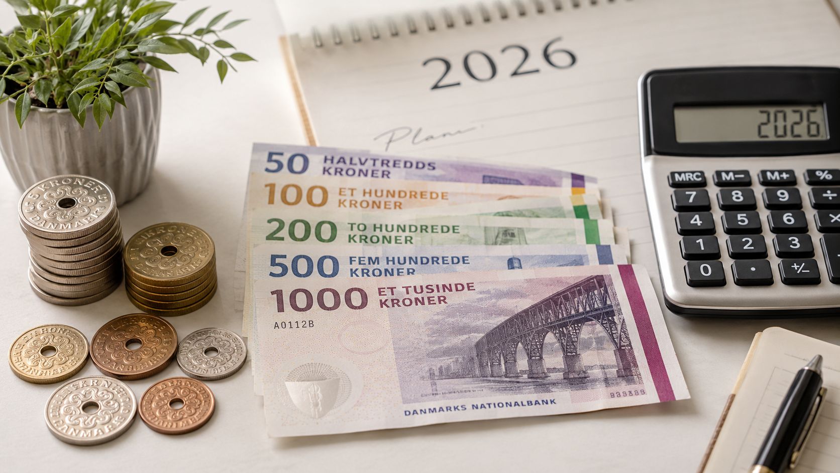 Dansk valuta, en lommeregner og en kalender for 2026 ligger på et bord til budgetplanlægning.